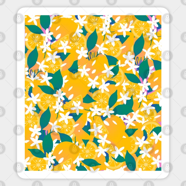 Lemons with lemon flowers and green leaves pattern Sticker by iulistration